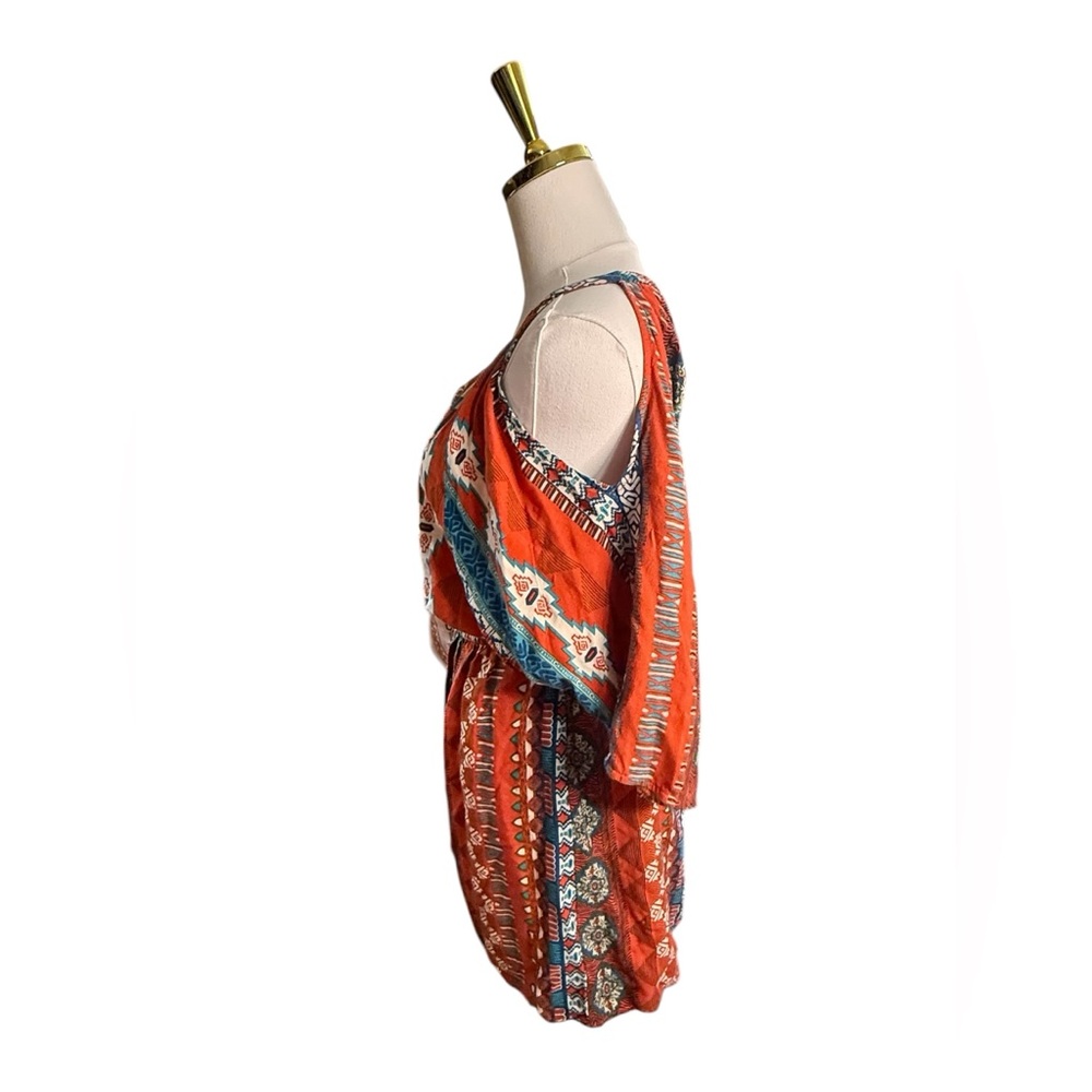 Hot & Delicious Rust & Teal Bohemian Midi Aztec Cold Shoulder Dress Size S - Picture 3 of 7